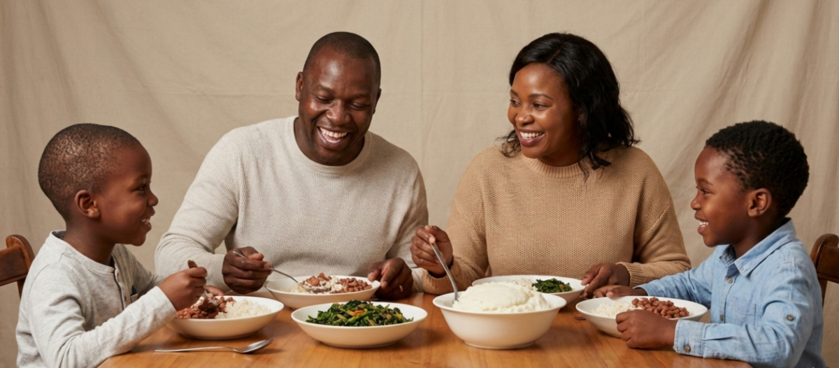 A Zimbabwean family sharing a meal of sadza, beans and greens